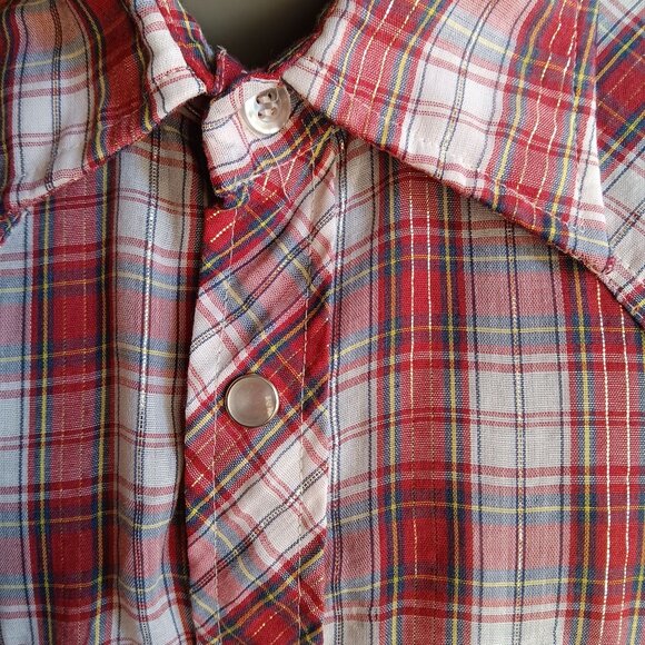 Vintage Men's Western Shirt Large 1980's Shiny Thread Red Plaid Buttery Thin Lg - Picture 6 of 8
